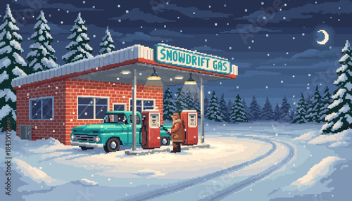 Vintage teal pickup truck being refueled by a man at a remote gas station in a snowy winter landscape, depicted in a nostalgic pixel art style at night