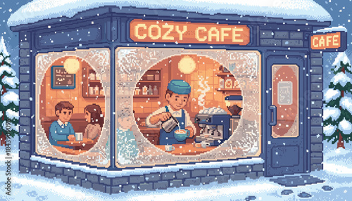 Cozy pixel art coffee shop building covered in snow with warm glowing windows reveals a barista making coffee and a couple relaxing inside during a gentle winter snowfall