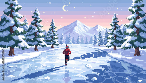 Pixel art illustration of a person ice skating on a frozen river in a serene winter landscape with snowy pine trees, mountains, and a beautiful pastel twilight sky