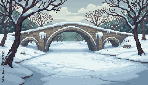 Pixel art stone arch bridge covered in snow spans a frozen river in a serene winter forest landscape with bare trees and icicles, rendered in a retro 8-bit video game style