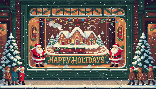 Festive pixel art storefront window display features a charming miniature winter village with a toy train, Santa Claus figures, and a Happy Holidays sign under gently falling snow