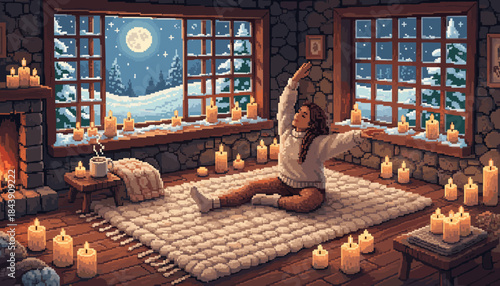 Pixel art illustration of a woman stretching on a rug in a cozy, candlelit room on a snowy winter night with a full moon visible through the window