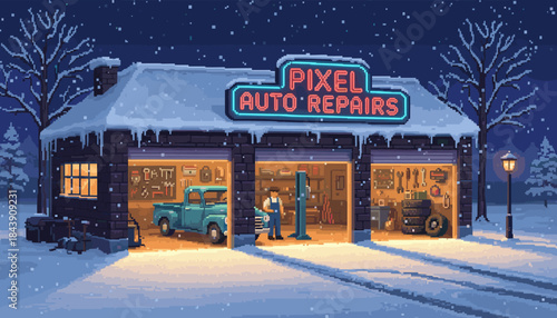 Pixel art auto repair shop with a mechanic working on a vintage pickup truck during a cozy, snowy winter night with warm interior lighting and a glowing neon sign
