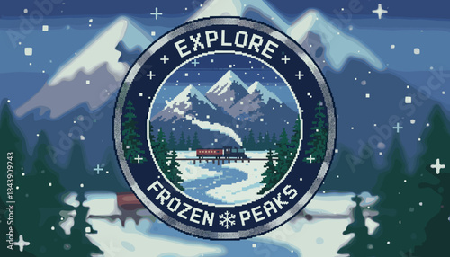 Pixel art adventure emblem featuring a train crossing a snowy mountain landscape, designed in a retro 8-bit video game style with a starry night sky and forest details