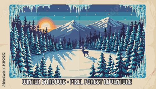 Pixel art winter landscape illustration with a deer standing in a snowy forest clearing near mountains at sunset, created in a retro 8-bit video game style with an icy frame