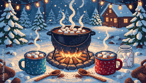 Steaming cauldron of hot chocolate with marshmallows warms over a campfire in a snowy winter forest with a cozy log cabin, rendered in a charming pixel art style