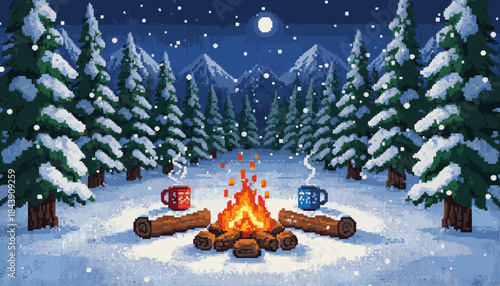 Cozy pixel art campfire with two steaming mugs on logs, creating a warm and inviting glow in a snowy mountain forest on a tranquil winter night