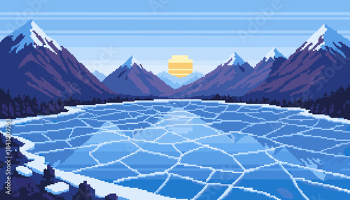 Beautiful pixel art winter landscape featuring a vast frozen lake with cracked ice, majestic snow-capped mountains, and a serene sun rising over the horizon