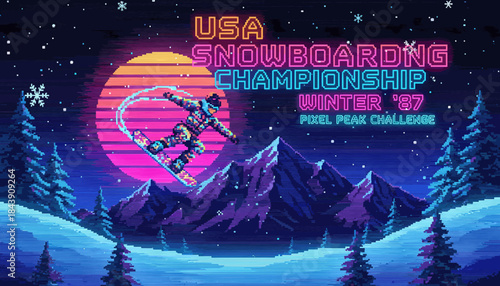 Retro 8-bit pixel art snowboarder jumping over a snowy mountain range with a vibrant neon sunset in a nostalgic video game illustration