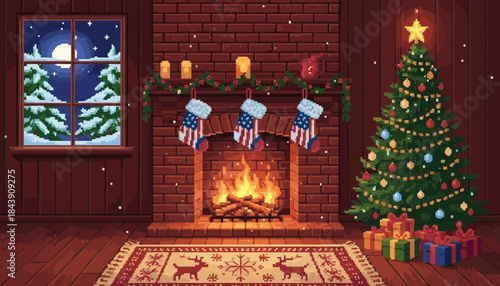 Cozy pixel art Christmas living room with a decorated tree, a warm fireplace, patriotic stockings, and a snowy night view from the window in a retro video game style