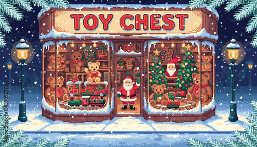 Charming pixel art toy shop storefront decorated for Christmas with teddy bears and a Santa Claus figure visible through the warmly lit window on a snowy winter night