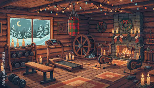 Cozy home gym inside a rustic log cabin decorated for Christmas with a fireplace, candles, and festive lights, creating a warm holiday atmosphere in a pixel art style