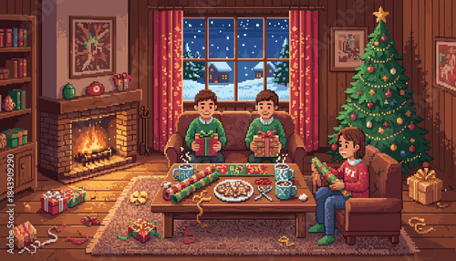Pixel art family wrapping Christmas presents together in a cozy living room with a fireplace, decorated tree, and hot chocolate during a snowy winter evening
