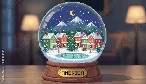 Pixel art style snow globe containing a charming winter village scene with people ice skating, a festive tree, and snowy mountains under a crescent moon at night