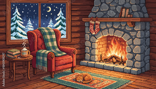 Cozy pixel art living room scene in a rustic log cabin with a crackling fireplace, a red armchair, a sleeping cat, and a window looking out onto a snowy winter night