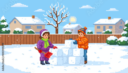 Pixel art illustration of two children building a snow fort together in a snowy suburban backyard, a cheerful scene of winter fun and childhood friendship