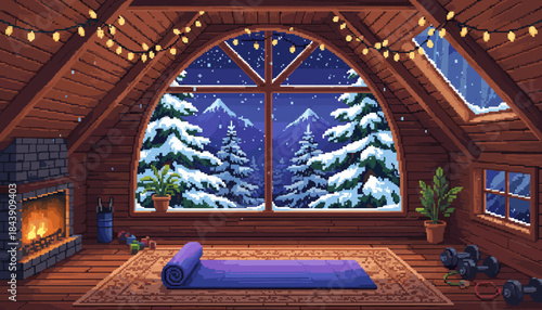 Cozy pixel art attic room with a yoga mat and fireplace is illuminated by warm string lights, offering a tranquil view of a snowy mountain landscape at night