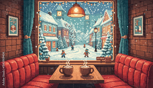 Cozy pixel art cafe interior with two steaming mugs of hot cocoa on a table overlooking a charming snowy village decorated with festive Christmas lights