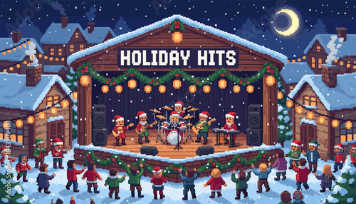 Pixel art illustration of a festive band in Santa hats playing a holiday concert on a decorated wooden stage for a cheering crowd in a snowy village