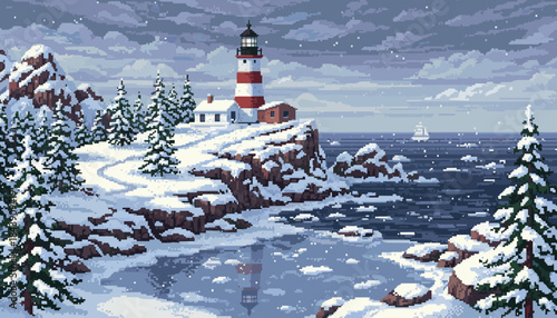 Classic red and white striped lighthouse on a snowy cliff with a small house and pine trees in a beautiful 8-bit pixel art winter seascape illustration