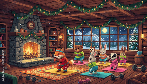 Group of cute pixel art animals working out together in a cozy, rustic wooden cabin decorated for the winter holidays with a warm fireplace and a snowy night scene