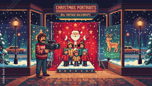 Nostalgic pixel art scene of a family getting their Christmas portrait taken with Santa Claus in a cozy, retro 1980s style photo studio while it snows outside at night