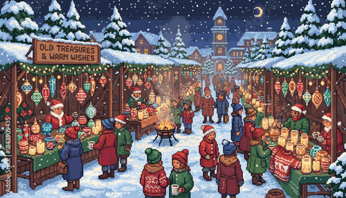 Festive pixel art Christmas market scene with people shopping at glowing stalls under falling snow on a cozy winter night in a charming town square