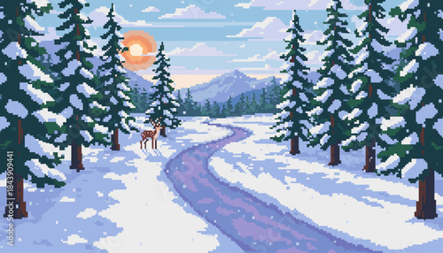 Serene pixel art winter wonderland scene with a winding path, a lone deer, snow-covered fir trees, and distant mountains under a soft, glowing sun