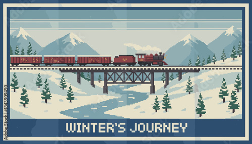 Pixelated red steam train with freight cars travels across a bridge in a snowy mountain landscape, depicted in a retro 8-bit video game art style