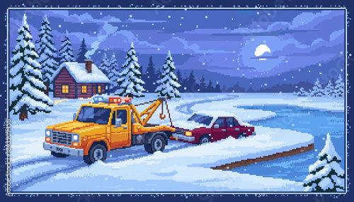 Yellow pixel art tow truck with flashing lights pulls a red sedan from a deep snowdrift on a winding country road during a calm and snowy winter night