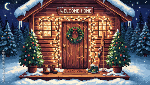 Cozy pixel art wooden log cabin with festive Christmas decorations, including glowing lights, a wreath, and trees, creating a warm and inviting scene on a snowy night