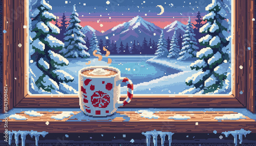 Steaming festive mug of hot cocoa sits on a snowy wooden windowsill overlooking a serene, frozen mountain landscape with pine trees in a cozy pixel art illustration