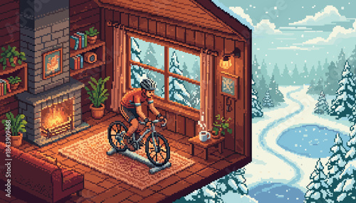 Isometric pixel art of a cyclist training on a stationary bike inside a cozy wooden cabin with a fireplace, looking out at a snowy winter forest landscape
