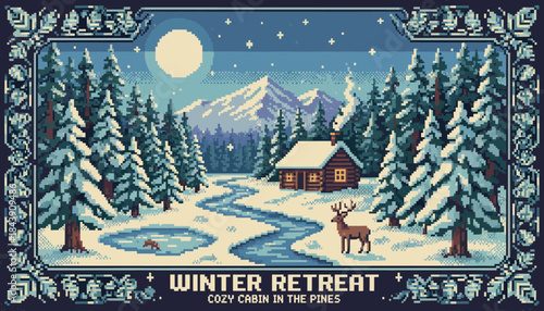 Pixel art illustration of a cozy winter landscape with a log cabin, deer, and pine forest under a full moon, rendered in a charming retro 8-bit video game style