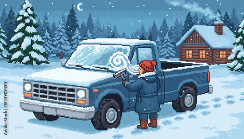 Person in a warm winter coat scraping snow from a blue pickup truck windshield during a quiet, snowy night in a cozy pixel art style illustration