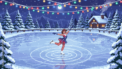Graceful pixel art figure skater in a colorful dress performs on a frozen outdoor rink under festive lights in a snowy mountain landscape at night