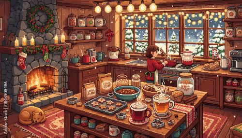 Cozy pixel art kitchen scene showing a person baking holiday treats by a snowy window in a rustic room with a warm fireplace and festive decorations