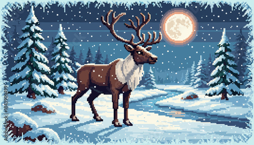 Pixel art illustration of a majestic reindeer standing in a snowy winter forest at night under a full moon, created in a retro 8-bit video game style with falling snow