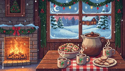 Hot chocolate and cookies on a table by a warm fireplace in a cozy pixel art Christmas scene with a window looking out onto a snowy winter landscape