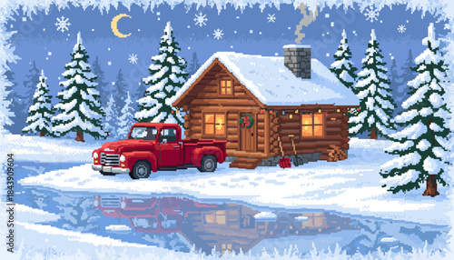 Red vintage pickup truck parked by a cozy log cabin with a Christmas wreath in a snowy forest during a peaceful winter night, created in a pixel art style