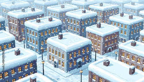 Pixel art cityscape of snowy apartment buildings with glowing windows during a quiet winter evening snowfall, viewed from an isometric perspective creating a cozy, nostalgic scene