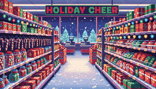 Festive pixel art grocery store aisle is filled with holiday products like candy canes and gifts, leading to checkout counters on a snowy winter night with a cheerful neon sign