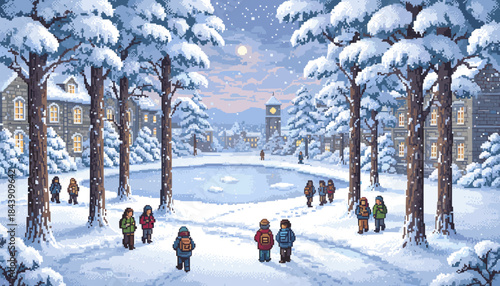 Pixel art winter campus scene with people walking through a snowy park near a frozen pond and old buildings under a moonlit sky during a gentle snowfall