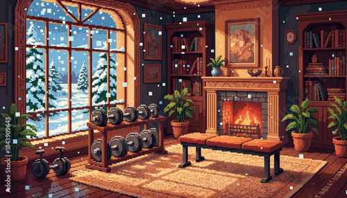 Home gym with dumbbells and a bench inside a cozy library with a burning fireplace and a large window showing a snowy winter landscape, rendered in a pixel art style