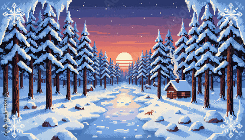 Pixel art winter forest landscape with a frozen river, a cozy log cabin, and a small fox watching the beautiful sunset through the snow-covered pine trees