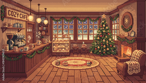 Cozy pixel art cafe interior decorated for Christmas with a festive tree, warm fireplace, and snowy windows, creating a nostalgic and inviting holiday atmosphere