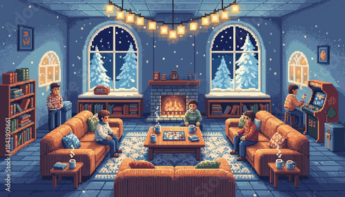 Cozy pixel art living room scene with friends gathering by a warm fireplace on a snowy winter night, playing games and enjoying a relaxing evening together