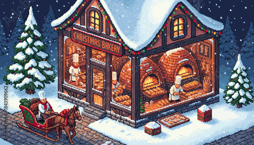 Pixel art illustration of a cozy Christmas bakery with glowing windows, festive lights, and bakers working by a warm brick oven during a snowy winter night scene