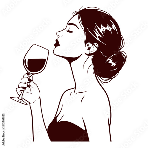 Elegant woman enjoying red wine with eyes closed vector art isolated background