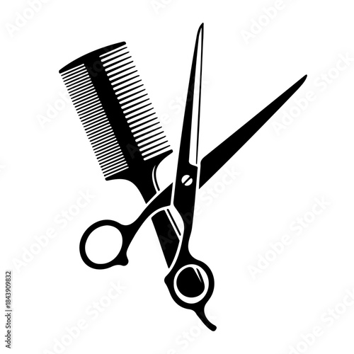 Hairdressing tools, comb and scissors, barber shop equipment, stylist accessories icon